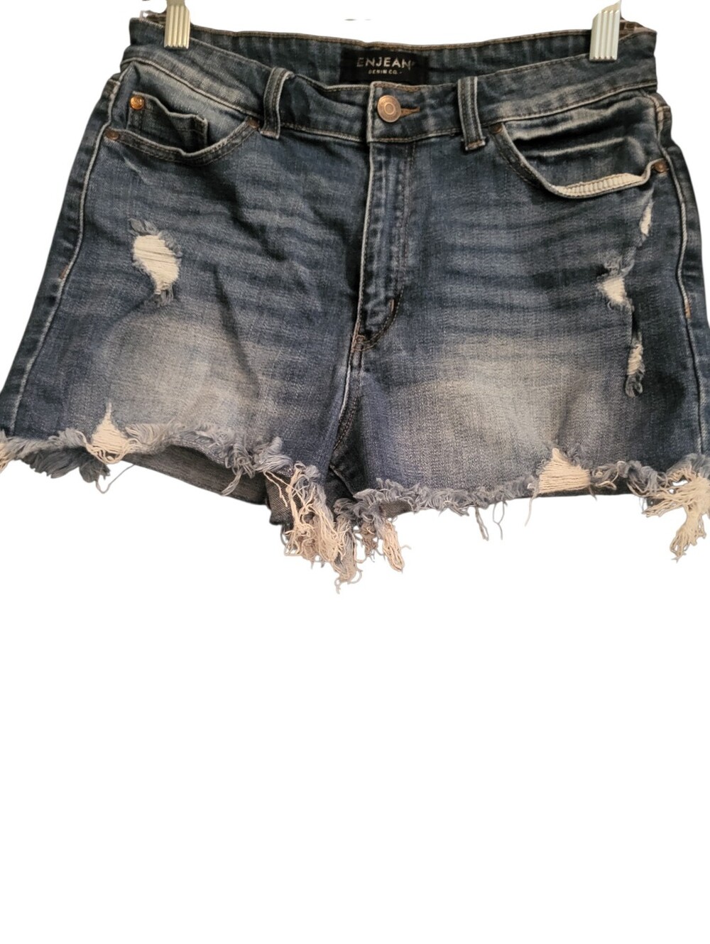 Enjean Distressed Frayed Hem Denim Shorts - Blue sz L